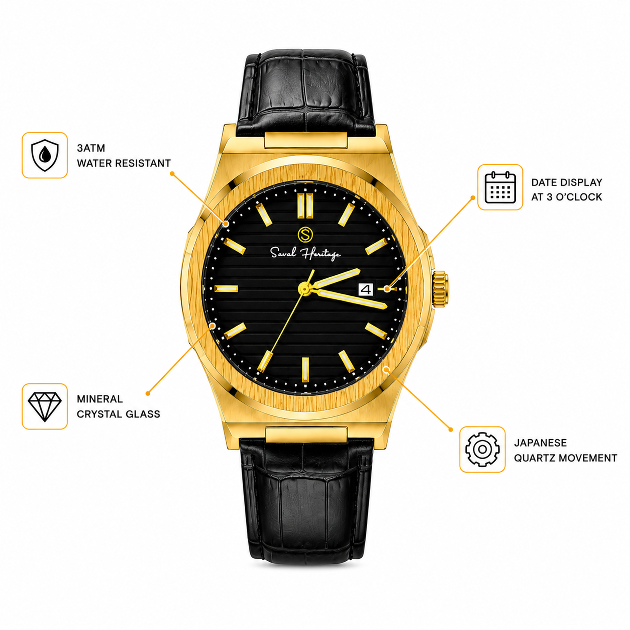 Saval Heritage Premium Men's Watch – Gold & Black Leather